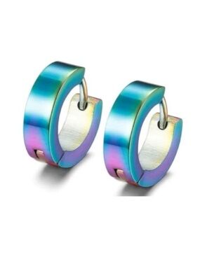 Rainbow Oil Slick Huggie Hoop Earrings 20G 8mm Stainless Steel